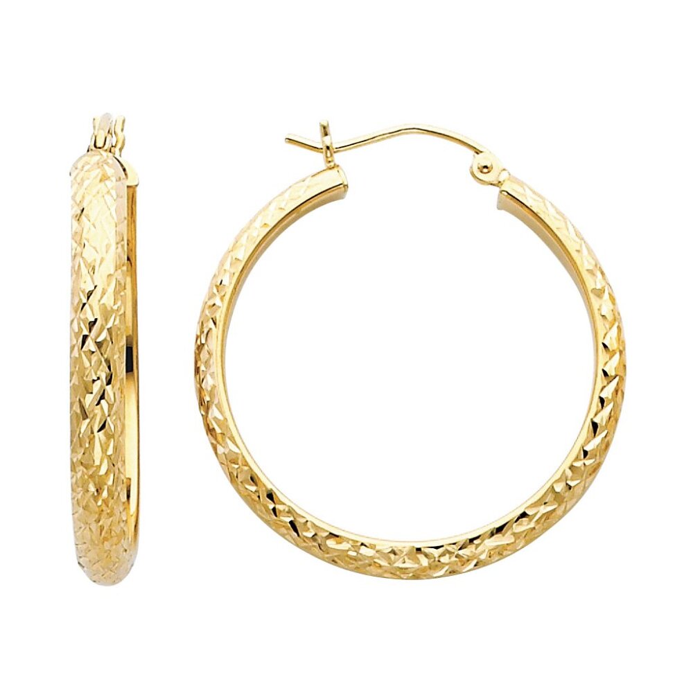 14KT Gold Diamond Cut 3.5mm Hollow Round Tube Hoop Earrings (30mm)